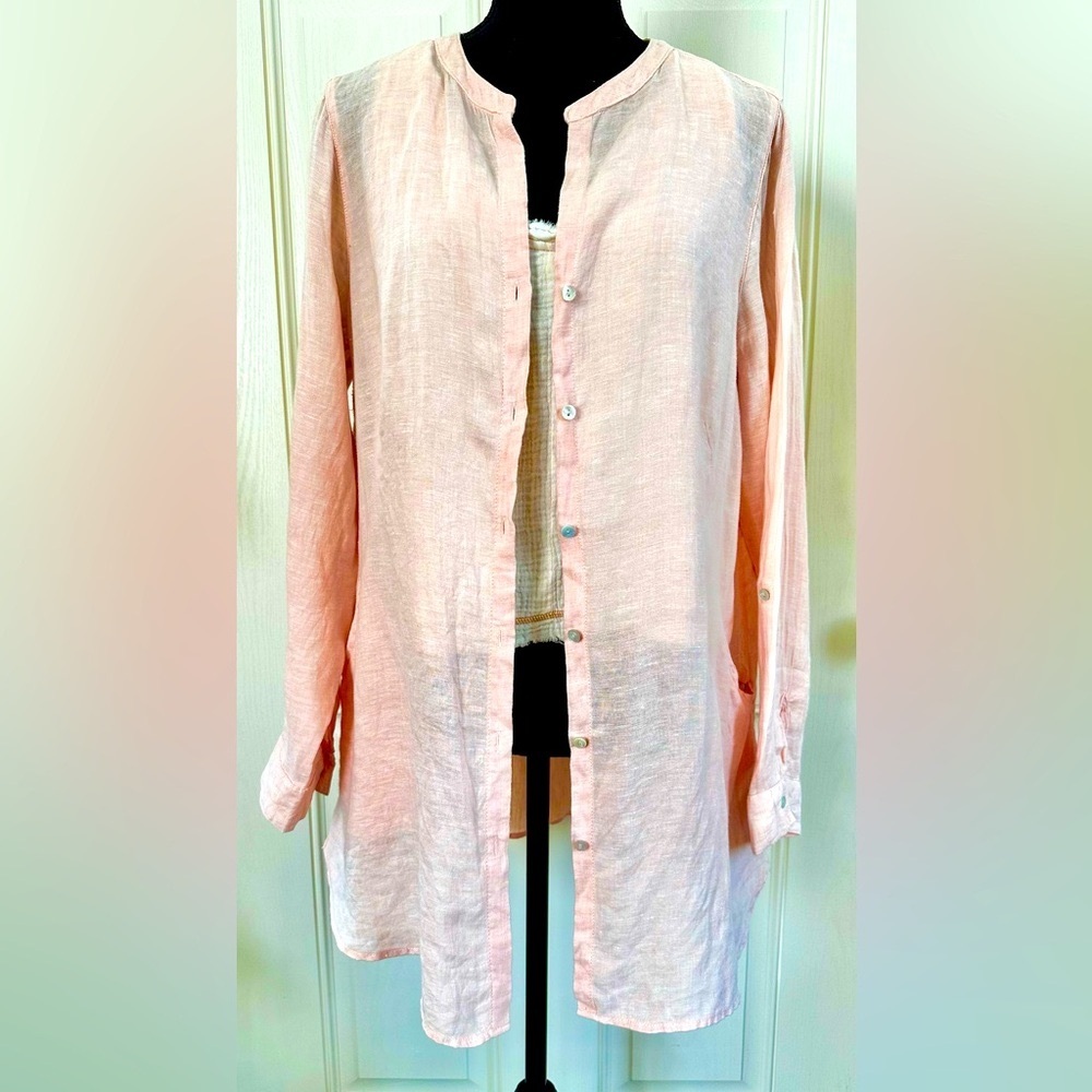 Sigrid Olsen Button-Up Linen Shirt in a soft Peachy Pink, with pockets, Large